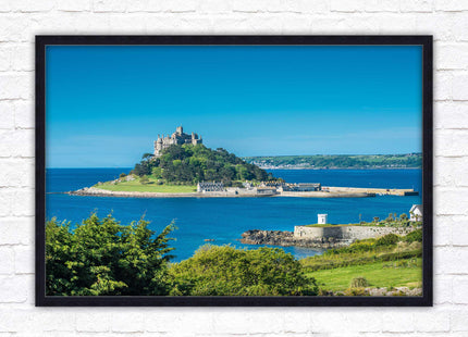 St Michael's Mount. Cornwall. Framed picture print with a choice of frame colours. Beach seascape, tourist destination.