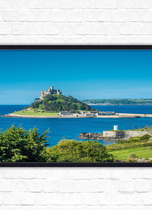 St Michael&#39;s Mount. Cornwall. Framed picture print with a choice of frame colours. Beach seascape, tourist destination.