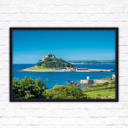St Michael's Mount. Cornwall. Framed picture print with a choice of frame colours. Beach seascape, tourist destination.