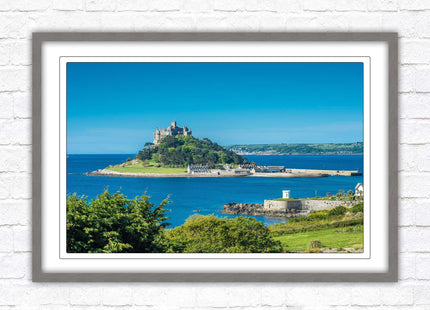 St Michael's Mount. Cornwall. Framed picture print with a choice of frame colours. Beach seascape, tourist destination.