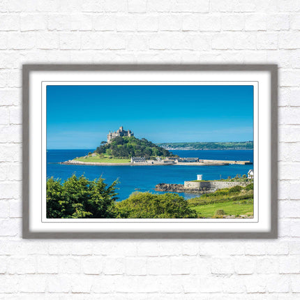 St Michael's Mount. Cornwall. Framed picture print with a choice of frame colours. Beach seascape, tourist destination.