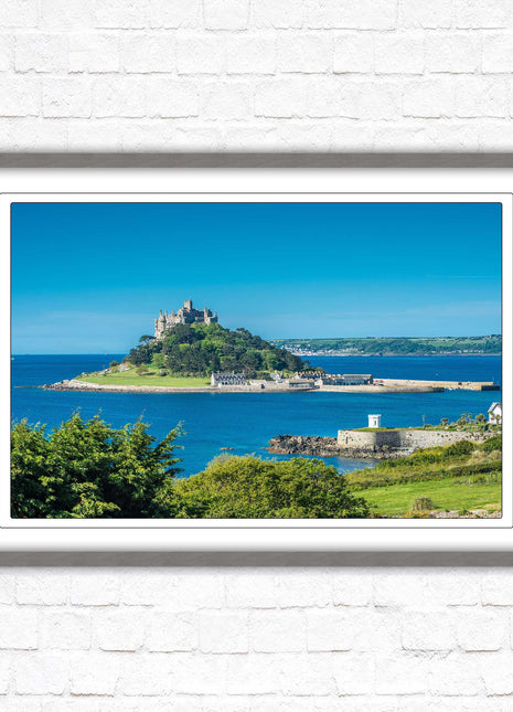 St Michael&#39;s Mount. Cornwall. Framed picture print with a choice of frame colours. Beach seascape, tourist destination.