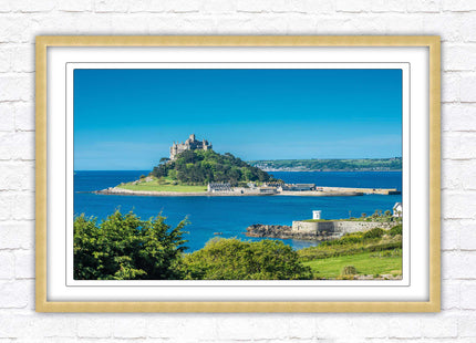 St Michael's Mount. Cornwall. Framed picture print with a choice of frame colours. Beach seascape, tourist destination.