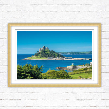St Michael's Mount. Cornwall. Framed picture print with a choice of frame colours. Beach seascape, tourist destination.