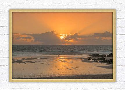 Fistral beach at sunset, Cornwall. Framed picture print with a choice of frame colours. Beach seascape. Surfing, waves.