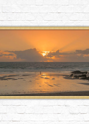 Fistral beach at sunset, Cornwall. Framed picture print with a choice of frame colours. Beach seascape. Surfing, waves.