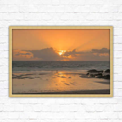 Fistral beach at sunset, Cornwall. Framed picture print with a choice of frame colours. Beach seascape. Surfing, waves.