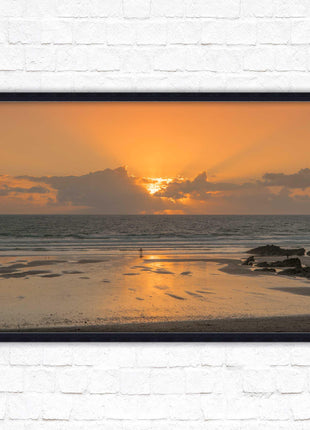 Fistral beach at sunset, Cornwall. Framed picture print with a choice of frame colours. Beach seascape. Surfing, waves.