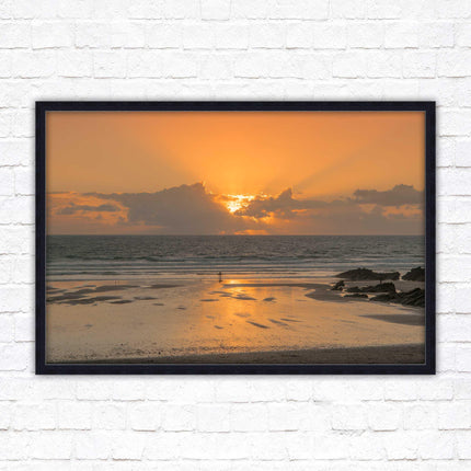 Fistral beach at sunset, Cornwall. Framed picture print with a choice of frame colours. Beach seascape. Surfing, waves.