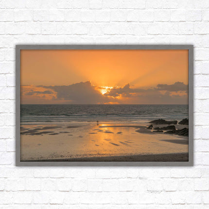 Fistral beach at sunset, Cornwall. Framed picture print with a choice of frame colours. Beach seascape. Surfing, waves.