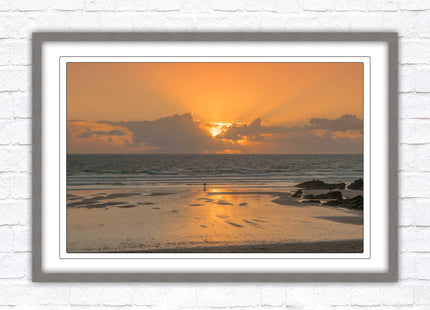 Fistral beach at sunset, Cornwall. Framed picture print with a choice of frame colours. Beach seascape. Surfing, waves.