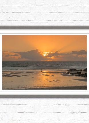 Fistral beach at sunset, Cornwall. Framed picture print with a choice of frame colours. Beach seascape. Surfing, waves.