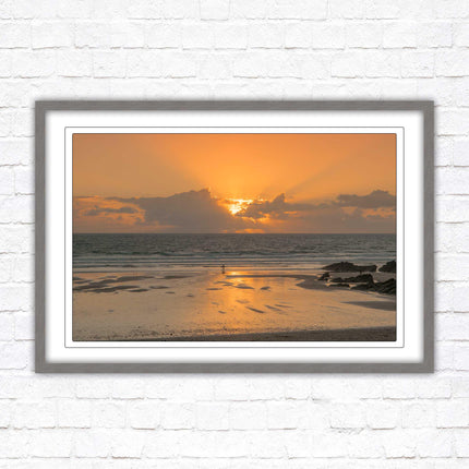 Fistral beach at sunset, Cornwall. Framed picture print with a choice of frame colours. Beach seascape. Surfing, waves.