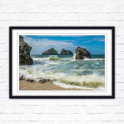 Holywell bay, Newquay Cornwall Framed picture print with a choice of frame colours. Beach seascape