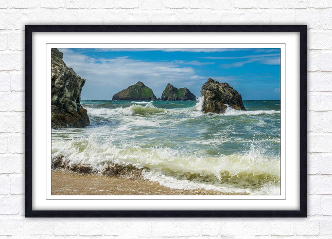 Holywell bay, Newquay Cornwall Framed picture print with a choice of frame colours. Beach seascape
