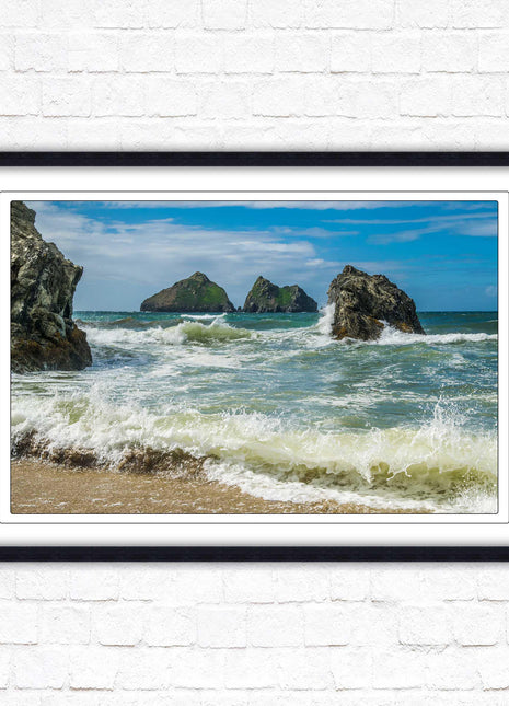 Holywell bay, Newquay Cornwall Framed picture print with a choice of frame colours. Beach seascape
