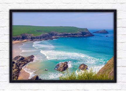Polly Joke beach, Newquay Cornwall. Framed picture print with a choice of frame colours. Beautiful coastal framed picture. Beach seascape.