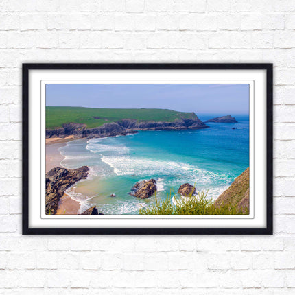 Polly Joke beach, Newquay Cornwall. Framed picture print with a choice of frame colours. Beautiful coastal framed picture. Beach seascape.