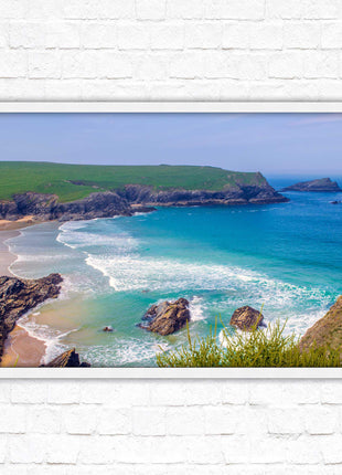 Polly Joke beach, Newquay Cornwall. Framed picture print with a choice of frame colours. Beautiful coastal framed picture. Beach seascape.