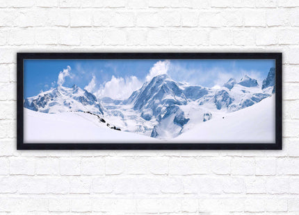 Swiss Alps mountain range. Panoramic framed picture print. Vibrant blue and white image. Choice of frame colours.