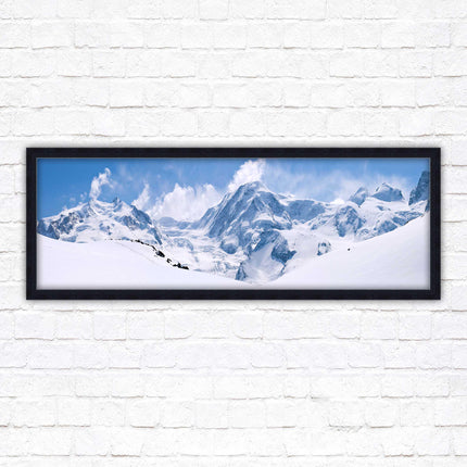 Swiss Alps mountain range. Panoramic framed picture print. Vibrant blue and white image. Choice of frame colours.