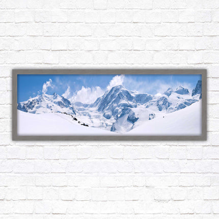Swiss Alps mountain range. Panoramic framed picture print. Vibrant blue and white image. Choice of frame colours.