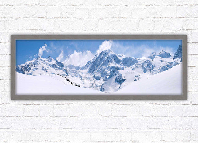 Swiss Alps mountain range. Panoramic framed picture print. Vibrant blue and white image. Choice of frame colours.
