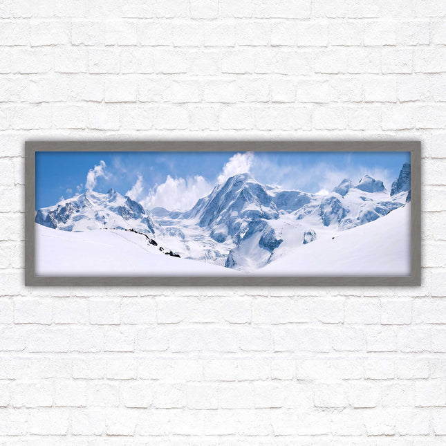 Swiss Alps mountain range. Panoramic framed picture print. Vibrant blue and white image. Choice of frame colours.
