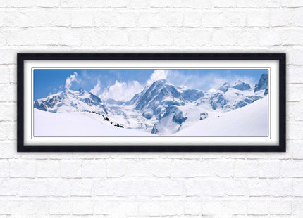 Swiss Alps mountain range. Panoramic framed picture print. Vibrant blue and white image. Choice of frame colours.