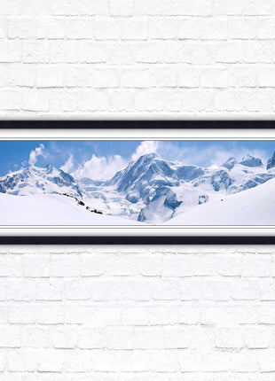 Swiss Alps mountain range. Panoramic framed picture print. Vibrant blue and white image. Choice of frame colours.