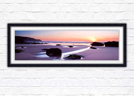 Porthtowan beach at sunset. Panoramic framed picture print, Cornwall beach scene. A choice of picture frames.