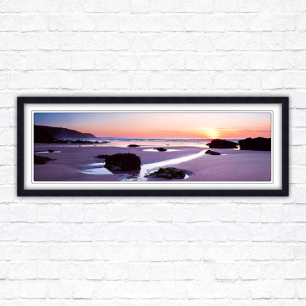 Porthtowan beach at sunset. Panoramic framed picture print, Cornwall beach scene. A choice of picture frames.