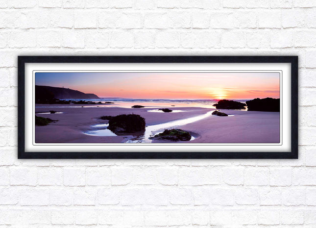 Porthtowan beach at sunset. Panoramic framed picture print, Cornwall beach scene. A choice of picture frames.