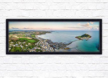 St Michael's Mount, panoramic framed picture print. Aerial view of castle on an island. A choice of picture frames available.
