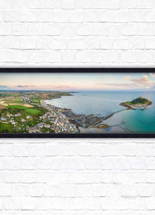 St Michael&#39;s Mount, panoramic framed picture print. Aerial view of castle on an island. A choice of picture frames available.