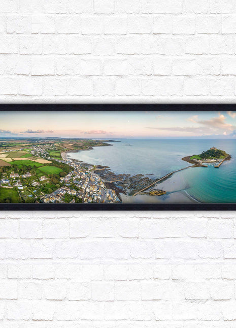 St Michael&#39;s Mount, panoramic framed picture print. Aerial view of castle on an island. A choice of picture frames available.