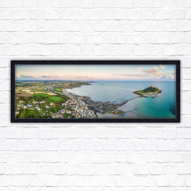 St Michael's Mount, panoramic framed picture print. Aerial view of castle on an island. A choice of picture frames available.