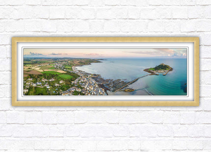 St Michael's Mount, panoramic framed picture print. Aerial view of castle on an island. A choice of picture frames available.