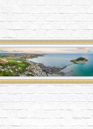 St Michael&#39;s Mount, panoramic framed picture print. Aerial view of castle on an island. A choice of picture frames available.