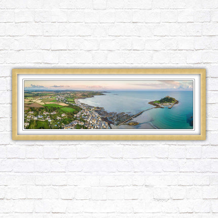 St Michael's Mount, panoramic framed picture print. Aerial view of castle on an island. A choice of picture frames available.
