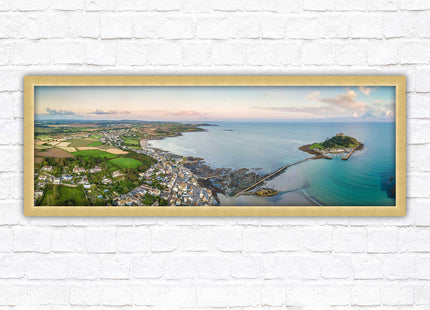 St Michael's Mount, panoramic framed picture print. Aerial view of castle on an island. A choice of picture frames available.