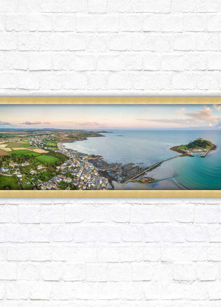 St Michael&#39;s Mount, panoramic framed picture print. Aerial view of castle on an island. A choice of picture frames available.