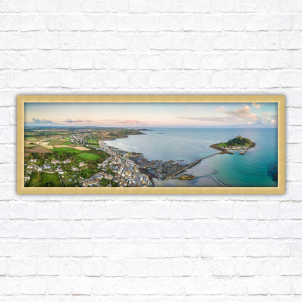 St Michael's Mount, panoramic framed picture print. Aerial view of castle on an island. A choice of picture frames available.