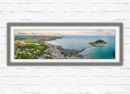 St Michael's Mount, panoramic framed picture print. Aerial view of castle on an island. A choice of picture frames available.