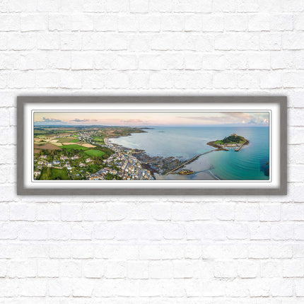 St Michael's Mount, panoramic framed picture print. Aerial view of castle on an island. A choice of picture frames available.