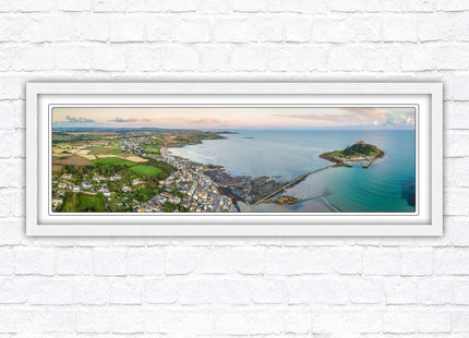 St Michael's Mount, panoramic framed picture print. Aerial view of castle on an island. A choice of picture frames available.