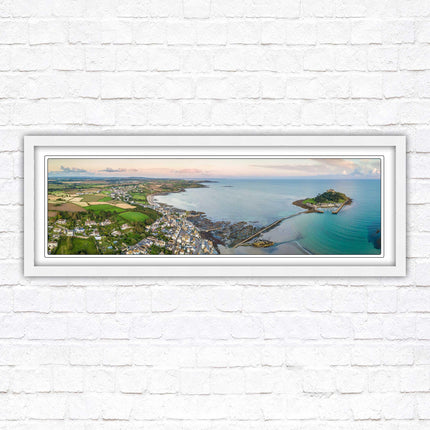 St Michael's Mount, panoramic framed picture print. Aerial view of castle on an island. A choice of picture frames available.