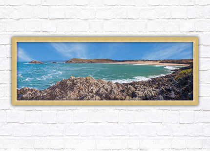 Crantock Beach. Panoramic framed picture print, West Pentire Cornwall beach scene. A choice of picture frames.