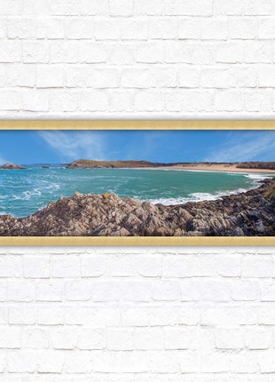 Crantock Beach. Panoramic framed picture print, West Pentire Cornwall beach scene. A choice of picture frames.