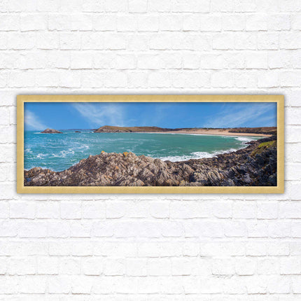 Crantock Beach. Panoramic framed picture print, West Pentire Cornwall beach scene. A choice of picture frames.